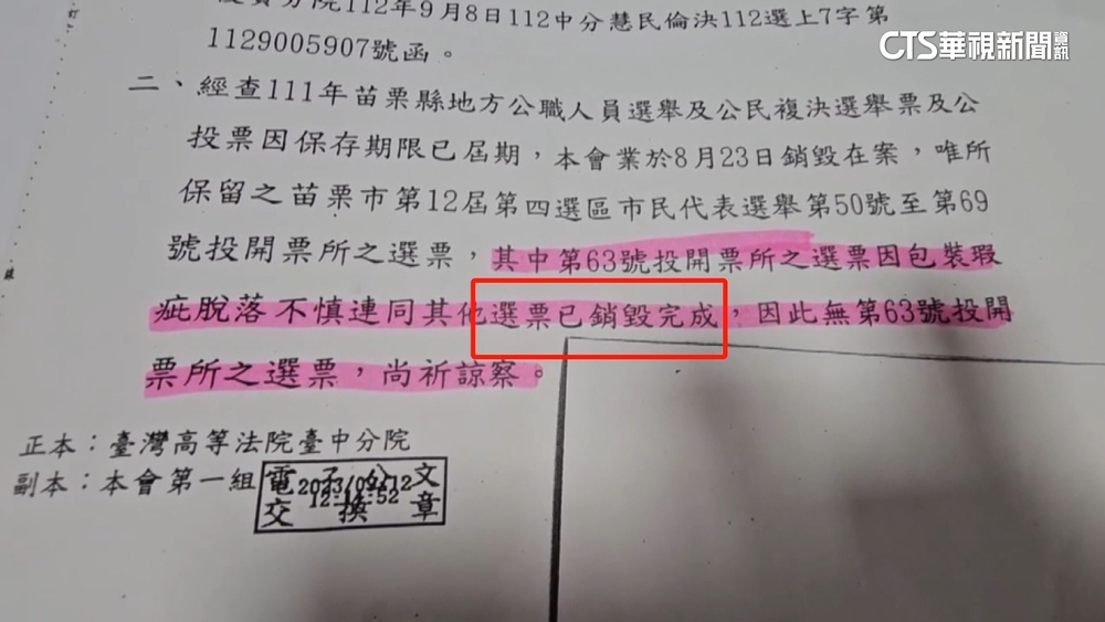 苗市市民代表選舉輸1票要求驗票　選票卻已銷毀