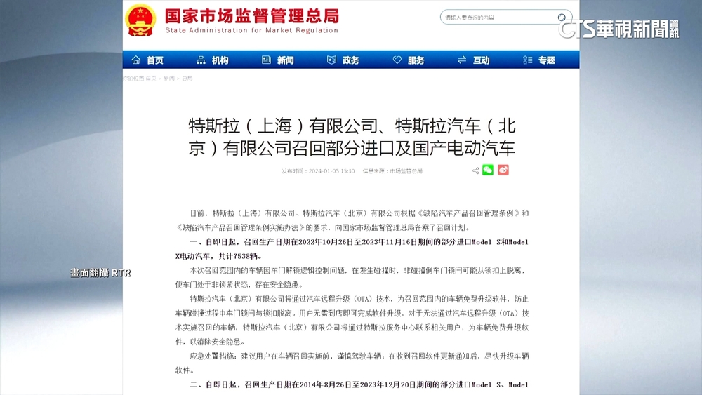 中國稱特斯拉存安全隱患　急召回逾160萬輛