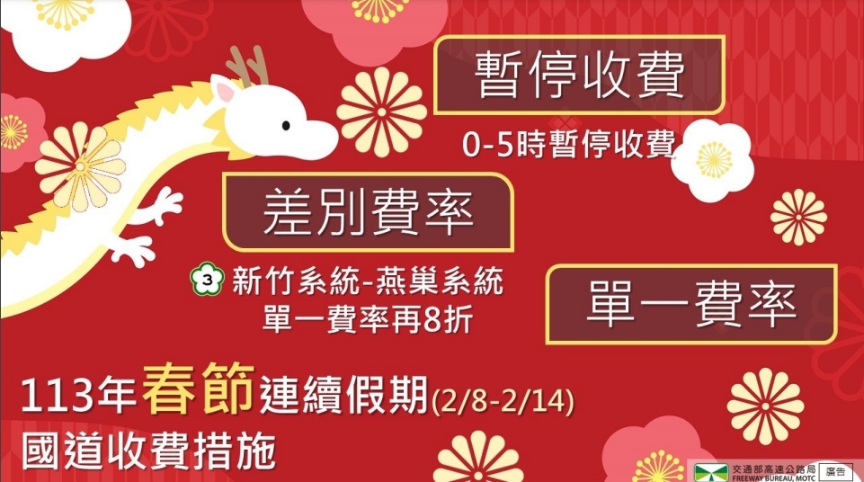 春節2月8日至14日，實施單一費率、差別費率，及部分時段暫停收費。圖／高公局提供