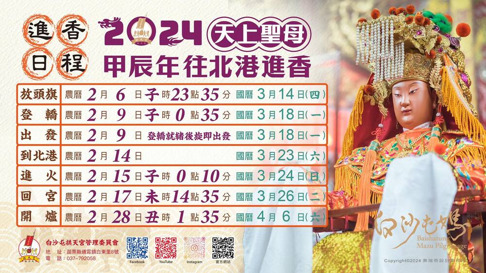 2024白沙屯媽祖進香時程出爐！「粉紅超跑」3/18起駕