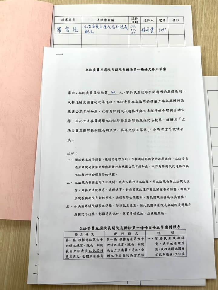 羅智強提出「立法委員互選院長副院長辦法」修正案