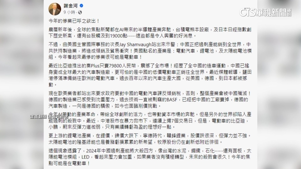 中國產能過剩！　謝金河點名電動車恐淪「慘」業
