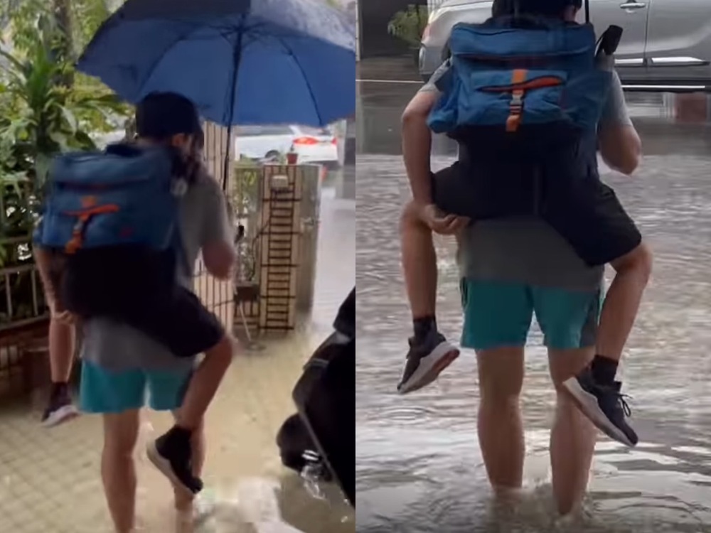 苗栗爸今早背小孩涉水上學　10次大雨淹5次　居民怨：不堪其擾！　　