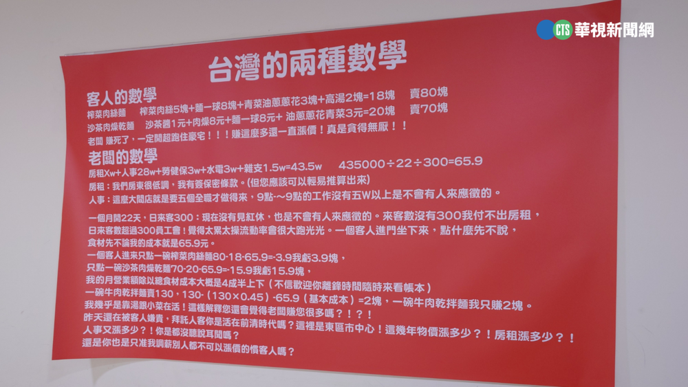 麵店被嫌貴 老闆貼「台灣的兩種數學」公告　客人vs.老闆算式引網熱議