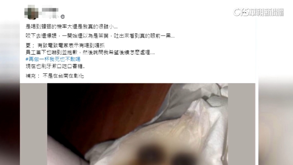 太崩潰！喝珍奶咬到小強　衛局稽查彰化5分店