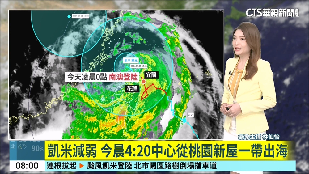 凱米減弱　今晨4：20中心從桃園新屋一帶出海