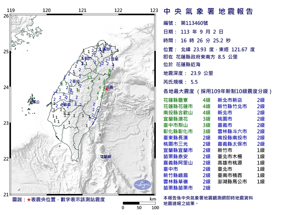 地牛翻身！16:26發生規模5.5有感地震 最大震度花蓮4級
