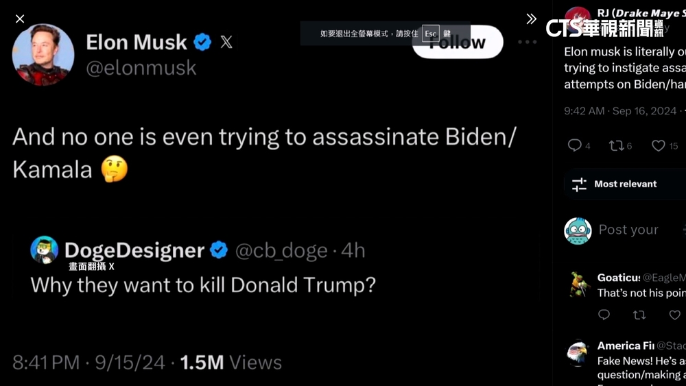 馬斯克貼文引爭議　特勤局留意.白宮斥責