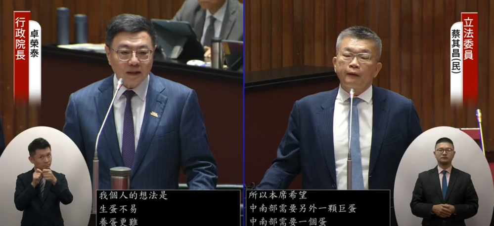 蔡其昌提中南部需要一顆巨蛋　卓榮泰：生蛋不易養蛋更難