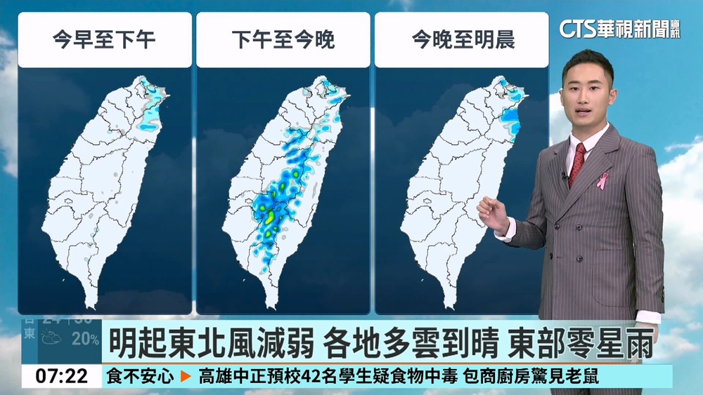 北東偶雨中南午後雷雨　西臺沿海澎金馬陣風強