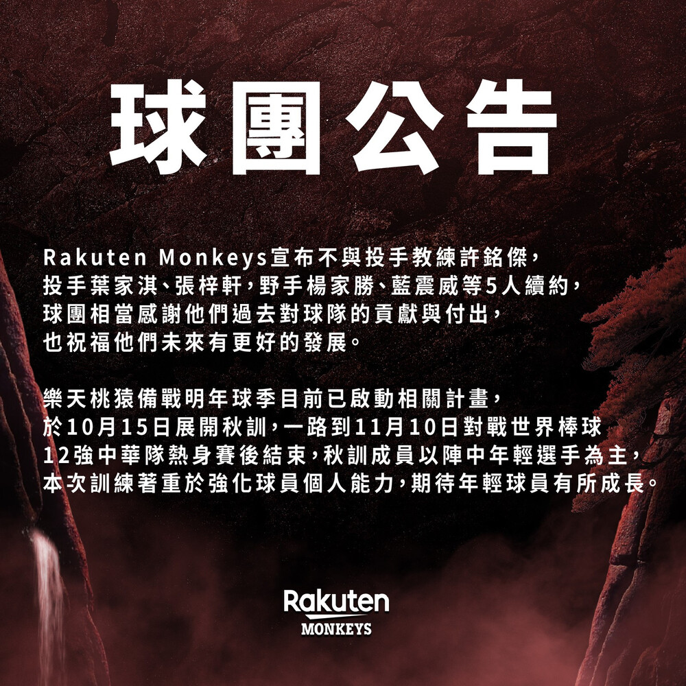 樂天桃猿不續約投手教練許銘傑 另公布不續約葉家淇等4選手
