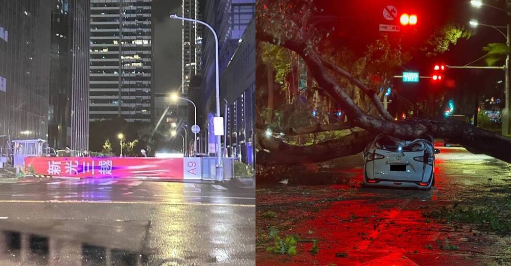 災情多！颱風吹倒「新光三越A9招牌燈箱」 路樹倒塌壓扁多元計程車