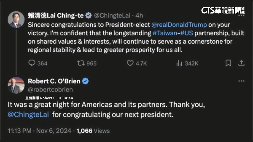 川普內閣熱門人選歐布萊恩　Tag賴清德祝賀貼文致謝