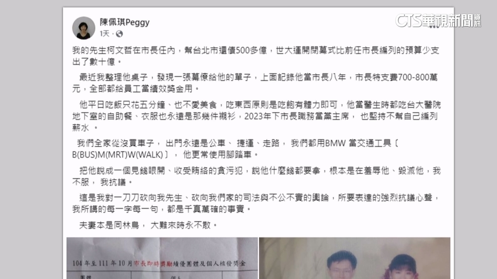 陳佩琪發文護夫疑「隔空串證」　民眾黨：無法代回應