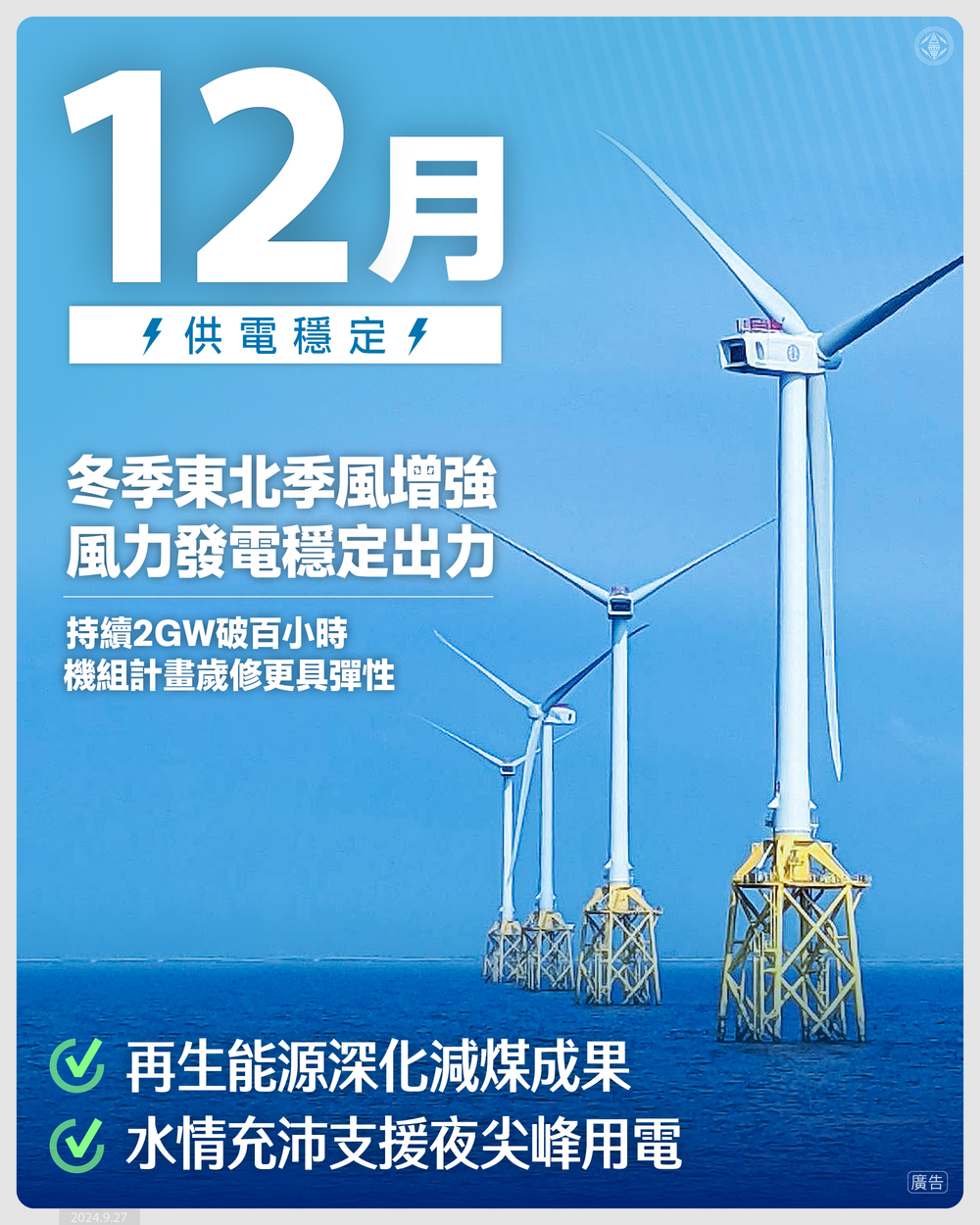 台電12月供電穩定　東北季風增強　風力發電穩定出力