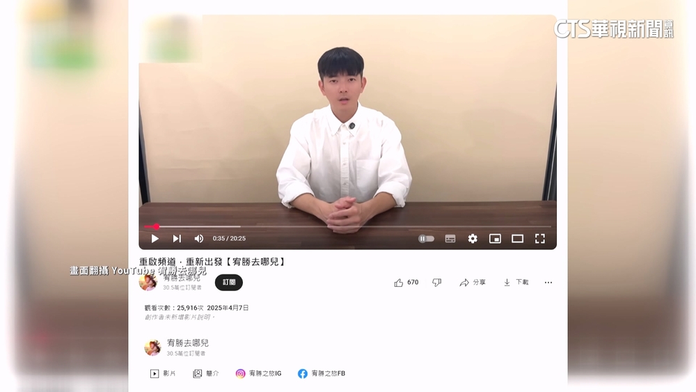 宥勝重啟頻道！　復出片「致歉不到1分鐘」挨轟