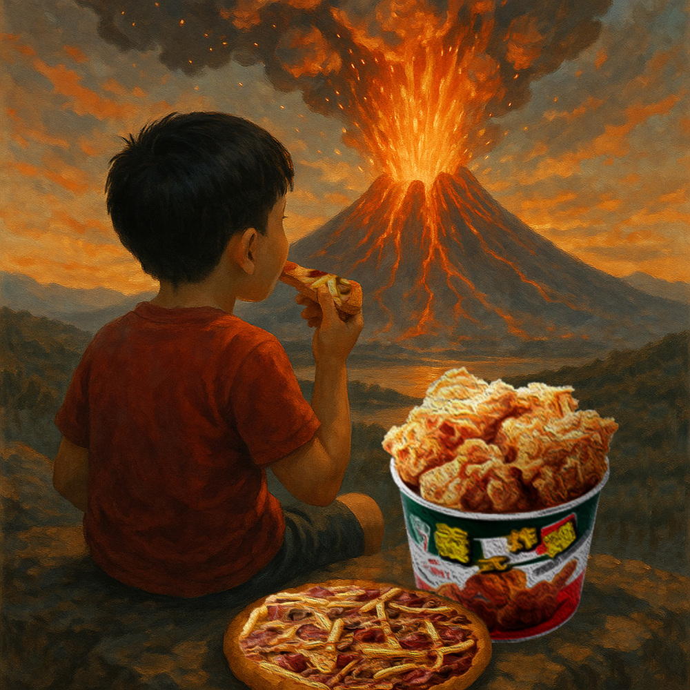 拿坡里小編PO「坐吃披薩看火山爆發」圖　網笑：該推吃瓜炸雞桶了