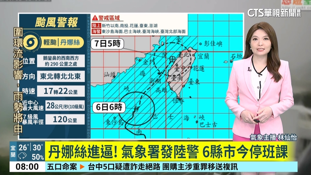 丹娜絲進逼！　氣象署發陸警　6縣市今停班課