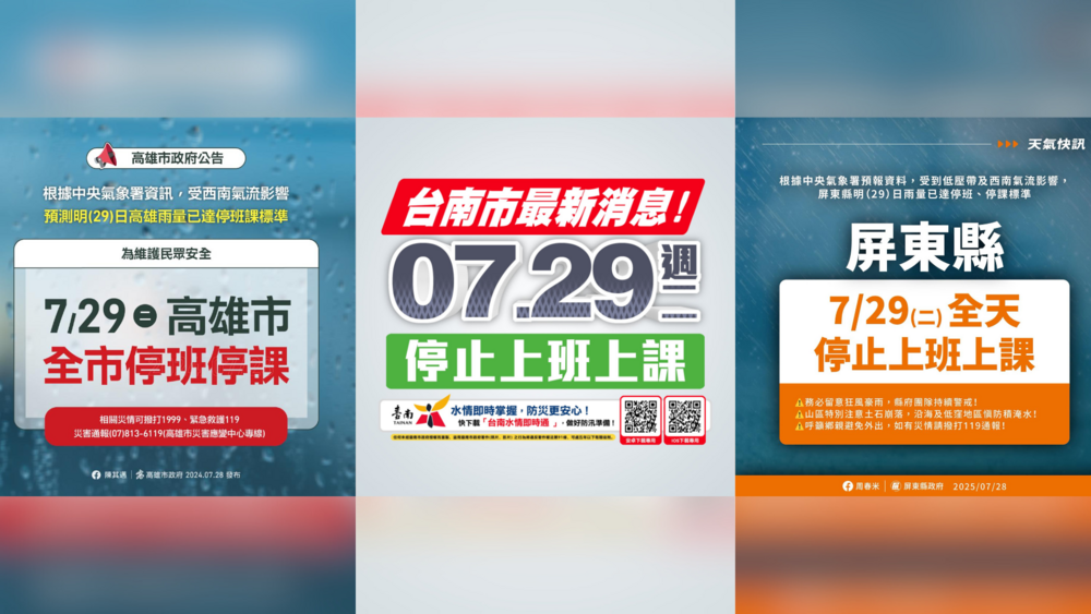 豪雨炸中南部　4縣市宣布29日停班停課、嘉義市正常上班課