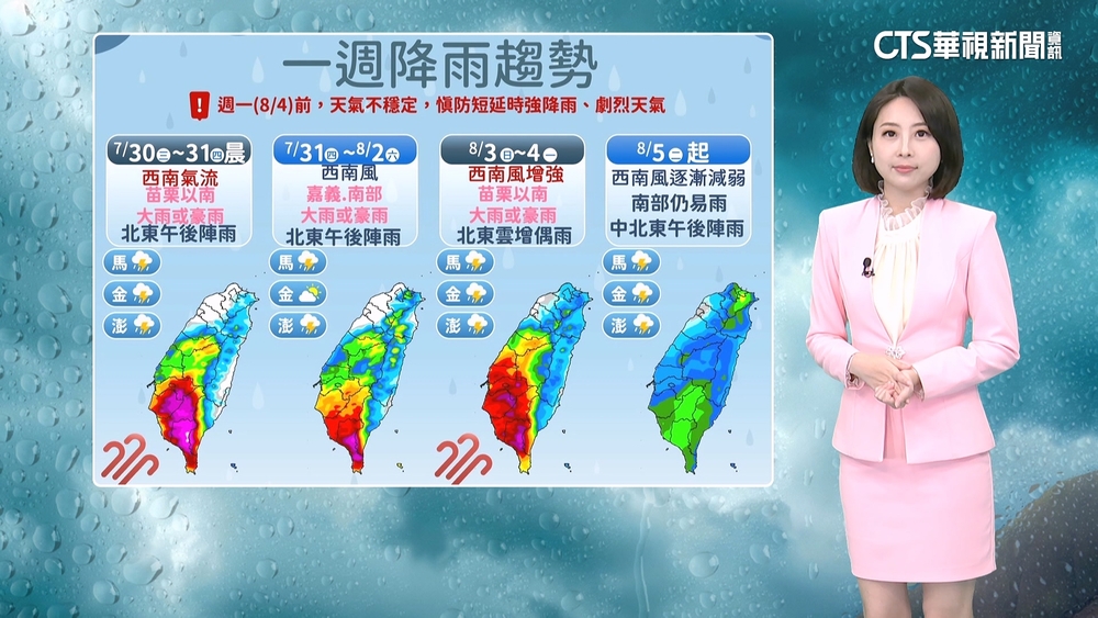 西南氣流影響易有強降雨　苗栗以南花東留意豪大雨