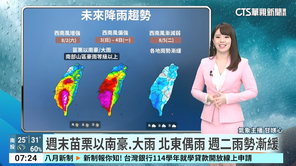 西南風影響留意強降雨　中南豪大雨北東午後大雨