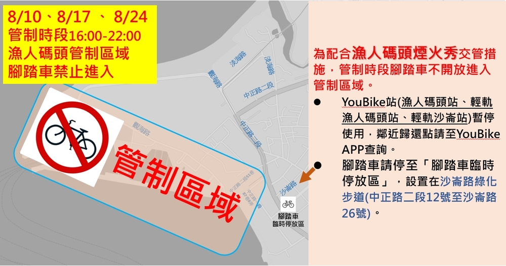 管制時段 (16 : 00 - 22 : 00) 腳踏車禁止進入管制區域  / 圖 新北市漁業處