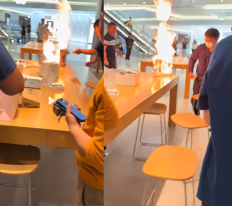 中國又1起行動電源自燃！放Apple Store展示桌無故起火　民眾嚇傻