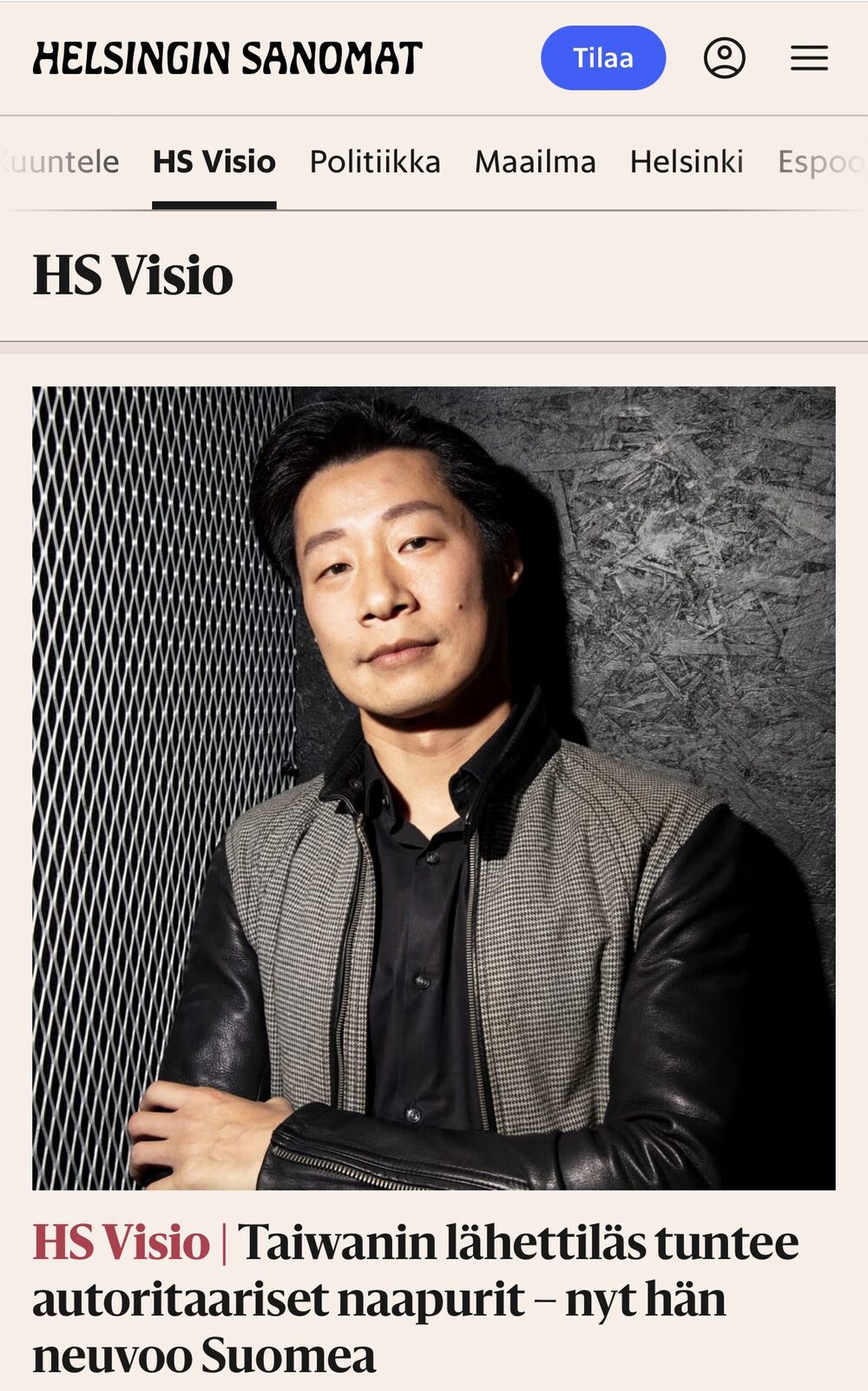 林昶佐登《赫爾辛基日報》　成首位登上HS Visio頭條的亞洲外交官