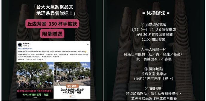 賭大氣系招牌放鳥400人！地理系出手「祭350杯手搖飲」　業者也證實