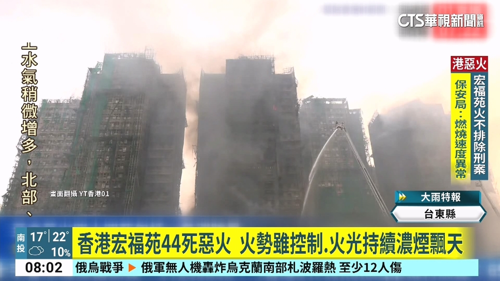 香港宏福苑44死惡火　　火勢雖控制.火光持續濃煙飄天