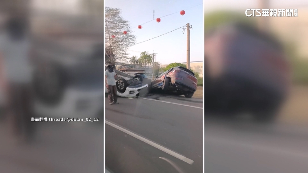 疑分心肇禍！休旅車連撞2車翻　駕駛抱愛犬脫困