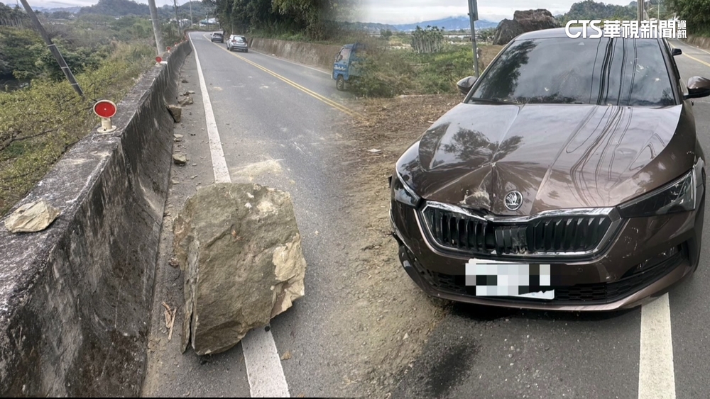 中橫約70公斤大石砸車頭　女駕駛：差2秒不堪設想