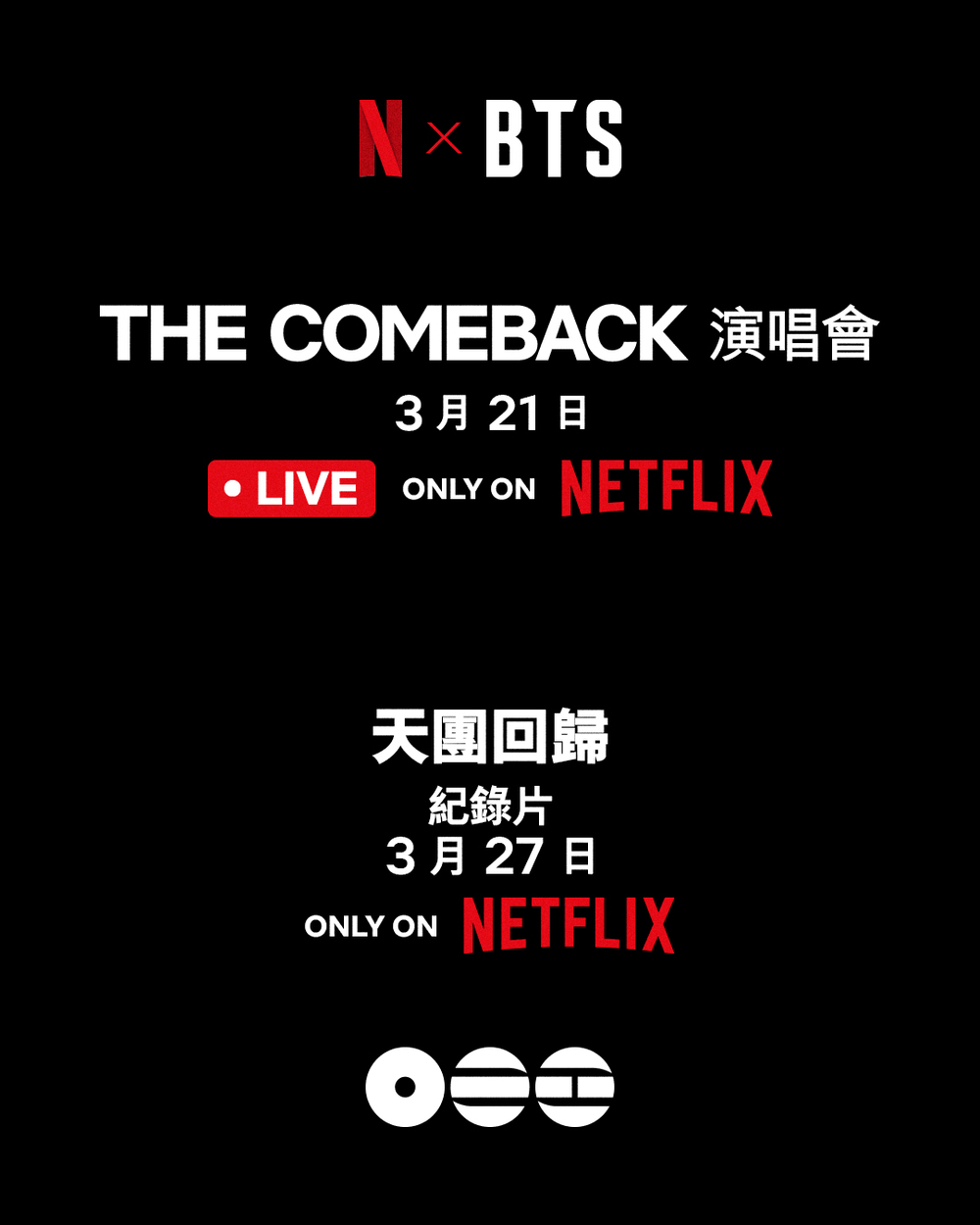 BTS回歸演唱會Netflix3/21全球直播　售票資訊日後公布